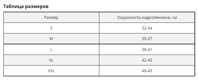 таблица размеров ортез для коленного сустава пателлярный усиленный Thuasne Sport 0355